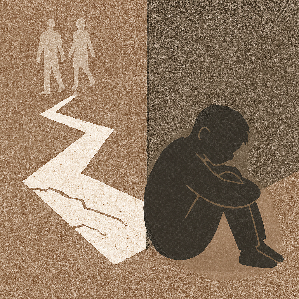 Armut grenzt aus. Dieses Bild zeigt eine junge Person welche, ausgegrenzt, abseits des helleren gemeinschaftlichen Lebens sitzt.